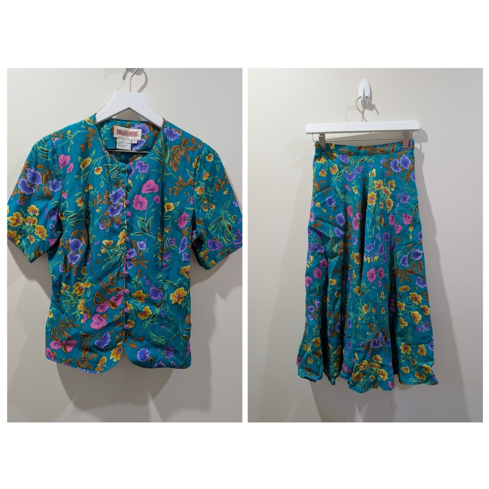 Maggy London Vintage 2 Piece Set Floral Rayon Skirt & Button Front Top Teal 8‎